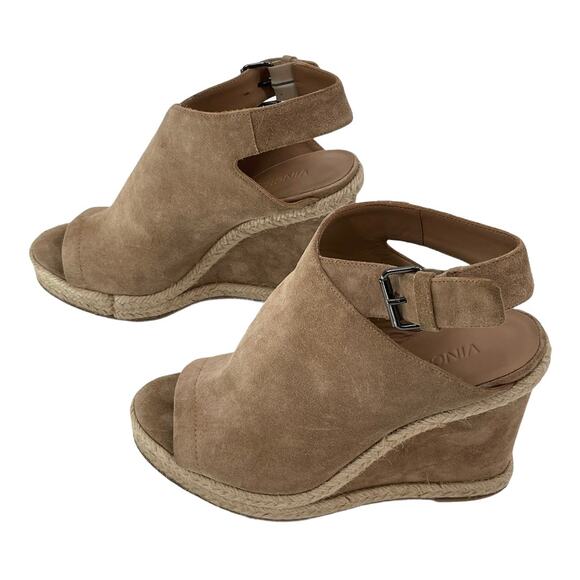 VINCE Evangeline Wedges Open Toe Booties SZ 7.5 Tan Suede Espadrille Sandals - Picture 2 of 8